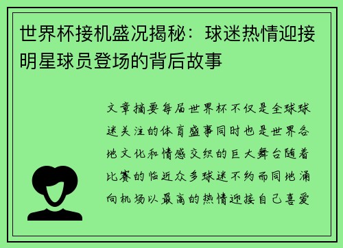 世界杯接机盛况揭秘：球迷热情迎接明星球员登场的背后故事